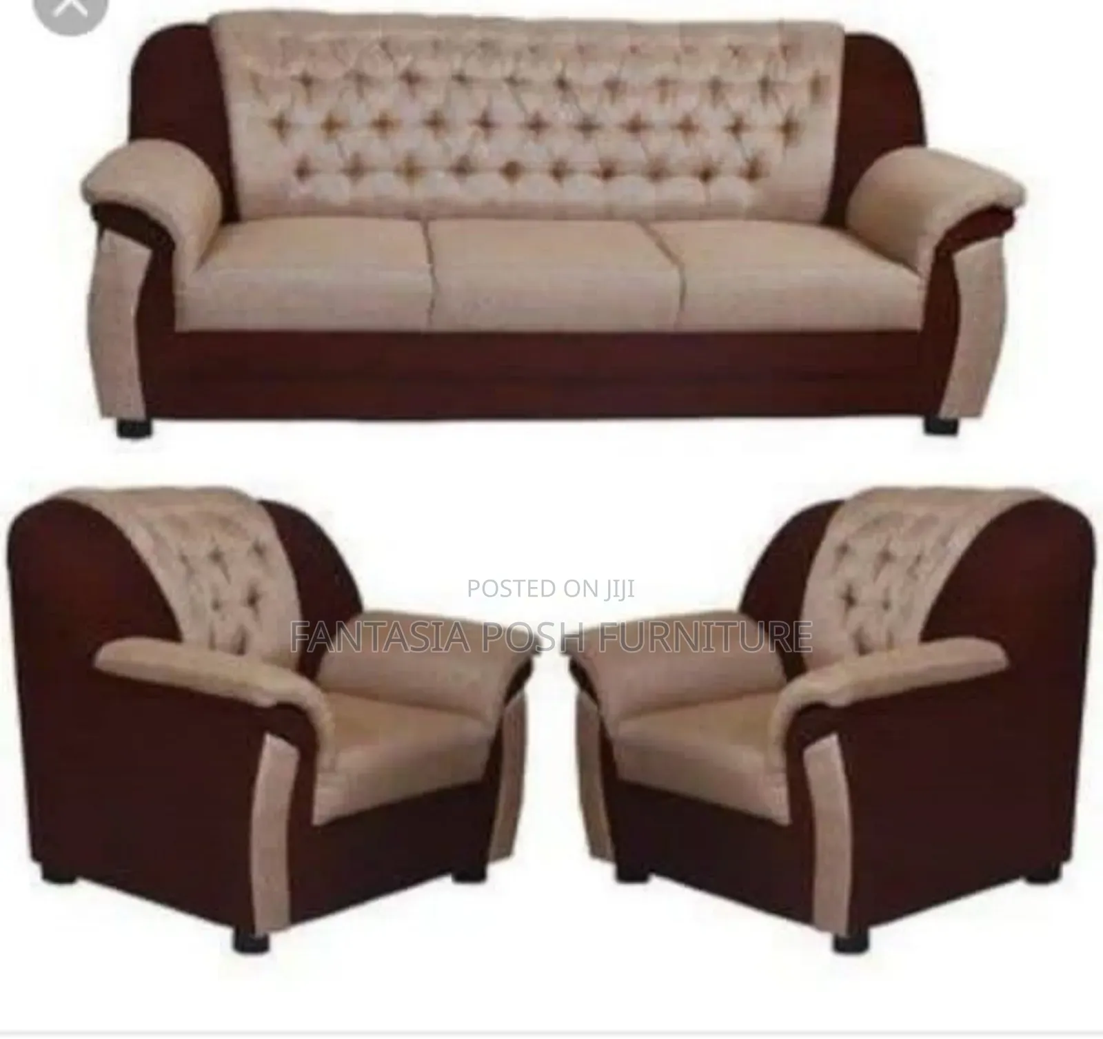 Brown and Beige Sofa Set With Tufted Design
