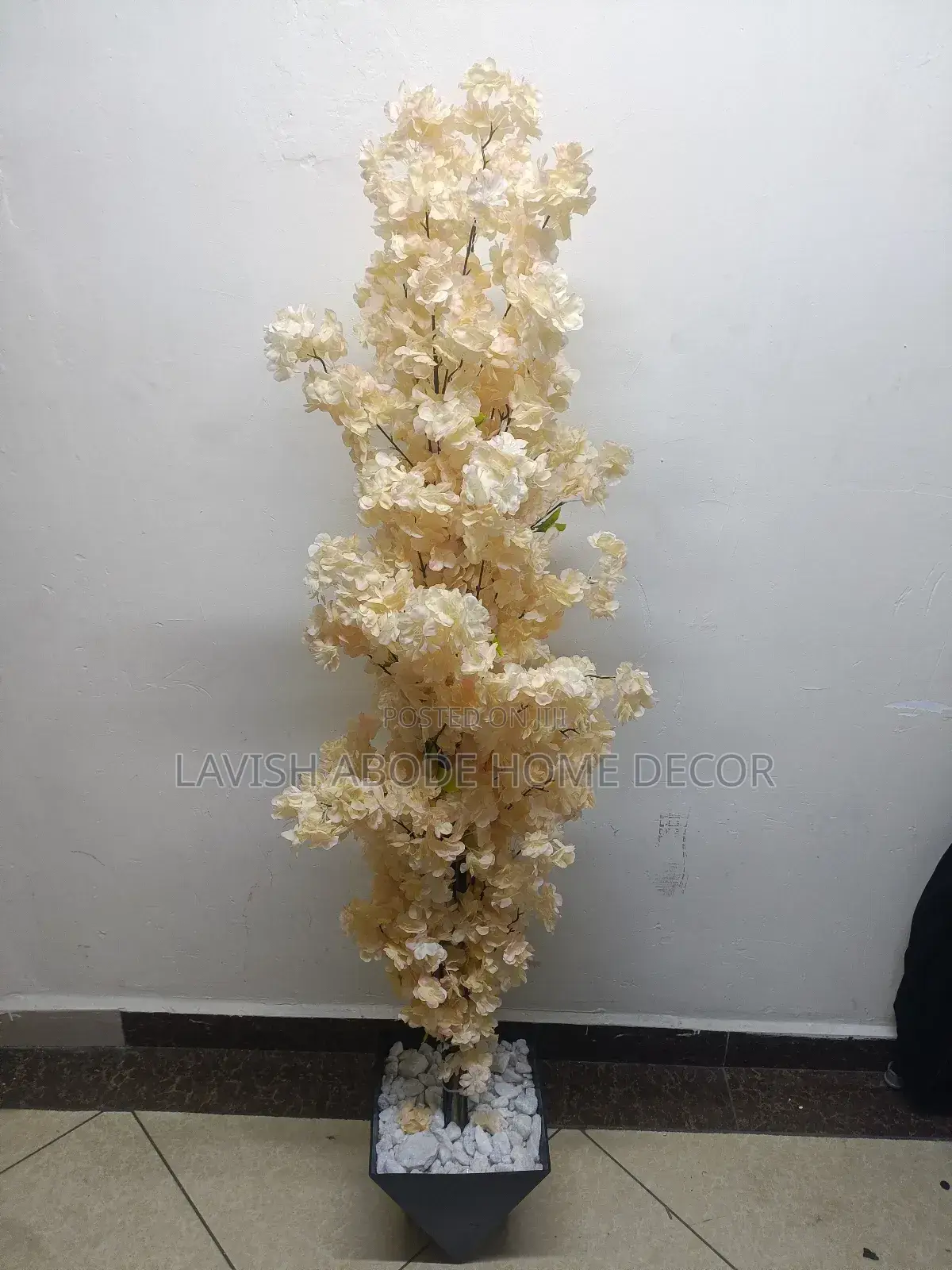 Peach Artificial Cherry Blossom Plant in Black Hexagon Vase