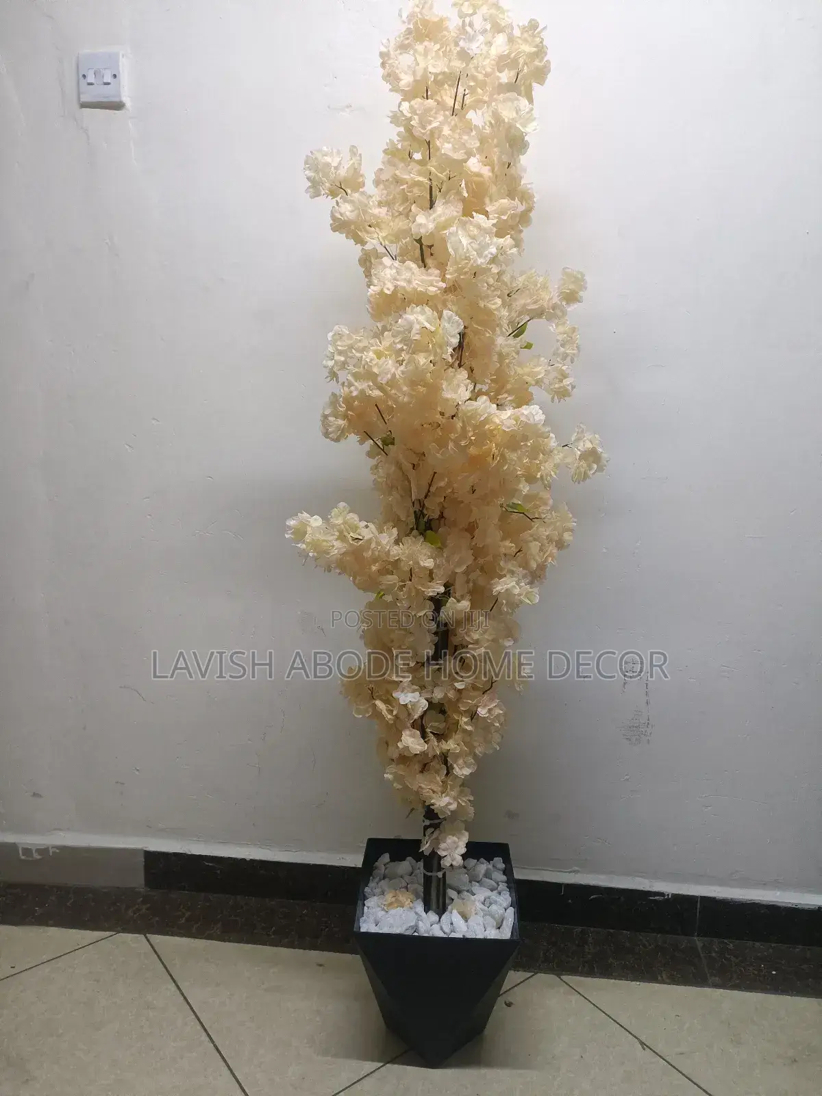 Peach Artificial Cherry Blossom Plant in Black Hexagon Vase