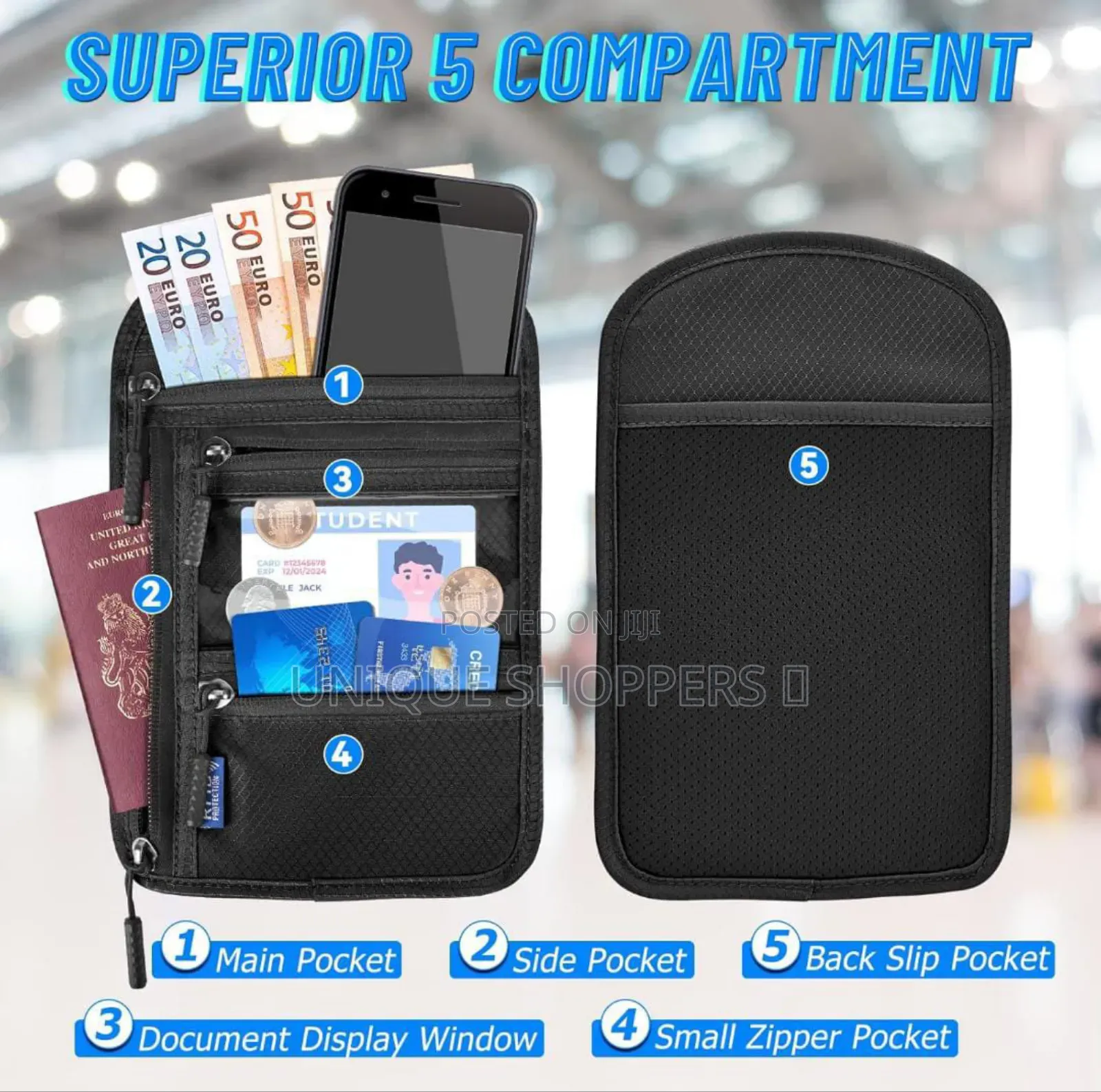 Travel Document* Hanging Bags. Superior 5 Compartment Rfid Freindly
