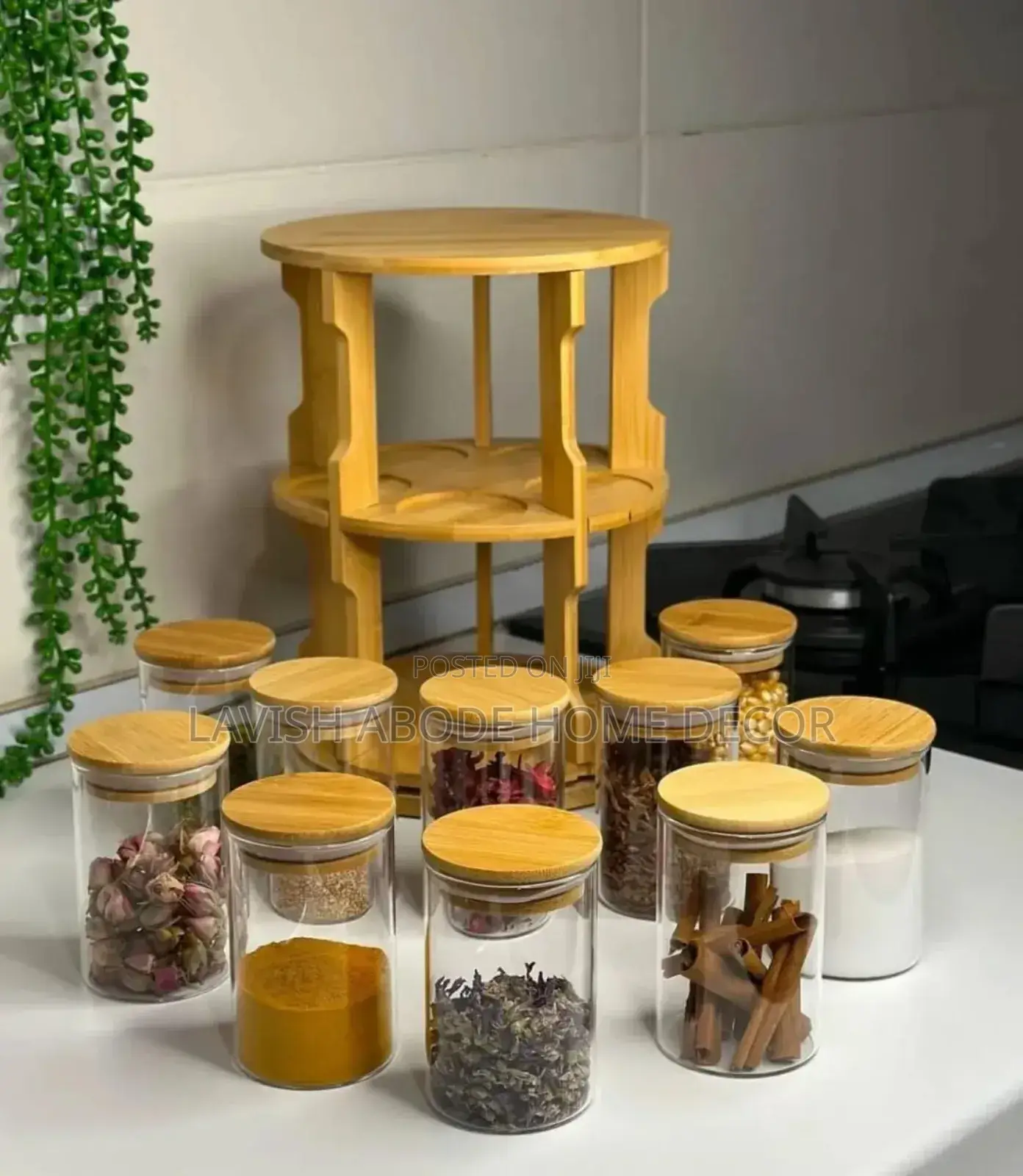 Rotating Spice Bamboo Tabletop Rack With 10pcs Jars