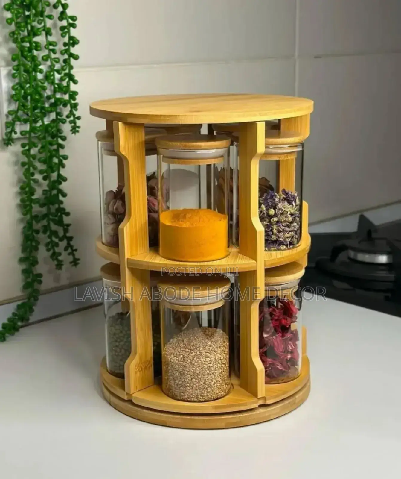 Rotating Spice Bamboo Tabletop Rack With 10pcs Jars