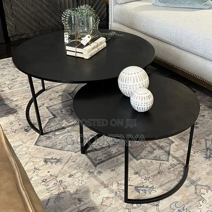 Home Coffee Table; Twin Round Wooden Coffee Table With Metal Base