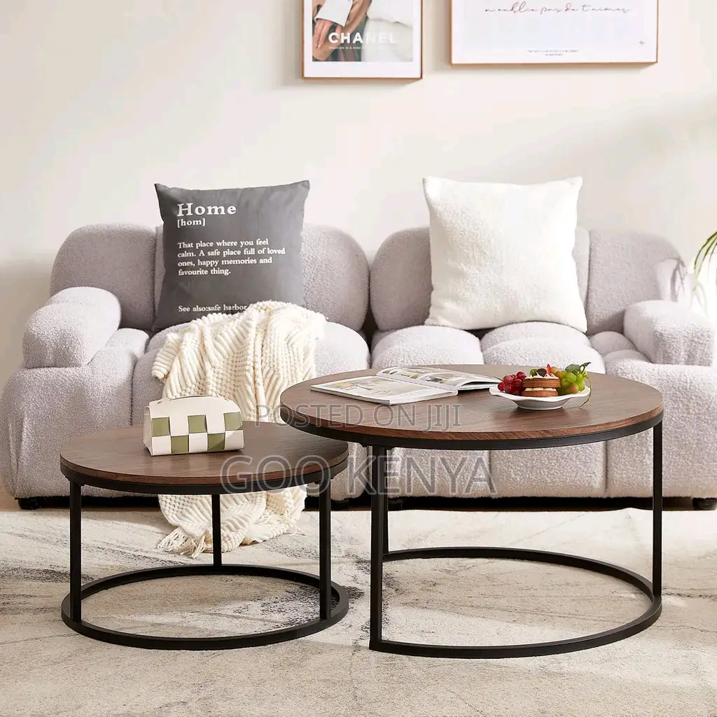 Home Coffee Table; Twin Round Wooden Coffee Table With Metal Base