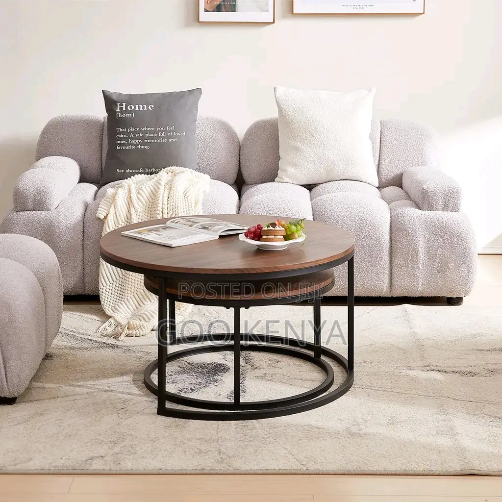 Home Coffee Table; Twin Round Wooden Coffee Table With Metal Base