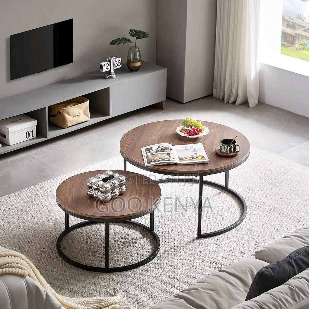 Home Coffee Table; Twin Round Wooden Coffee Table With Metal Base