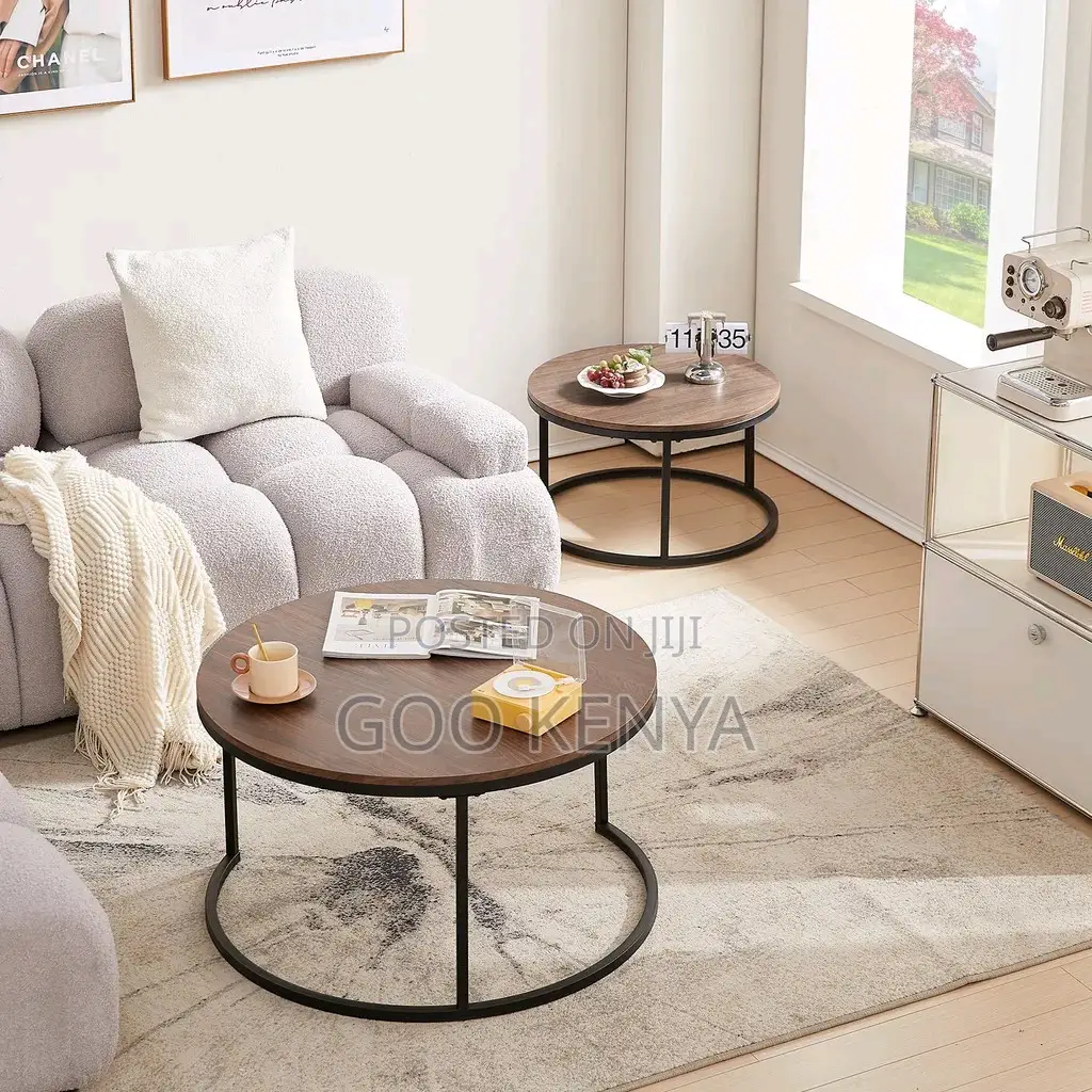 Home Coffee Table; Twin Round Wooden Coffee Table With Metal Base