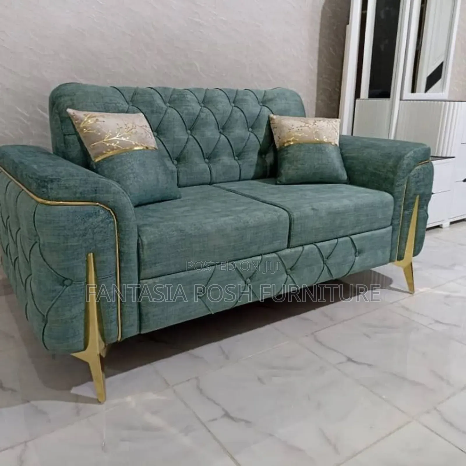 Green Velvet Button-Tufted Sofa-3 Seater.