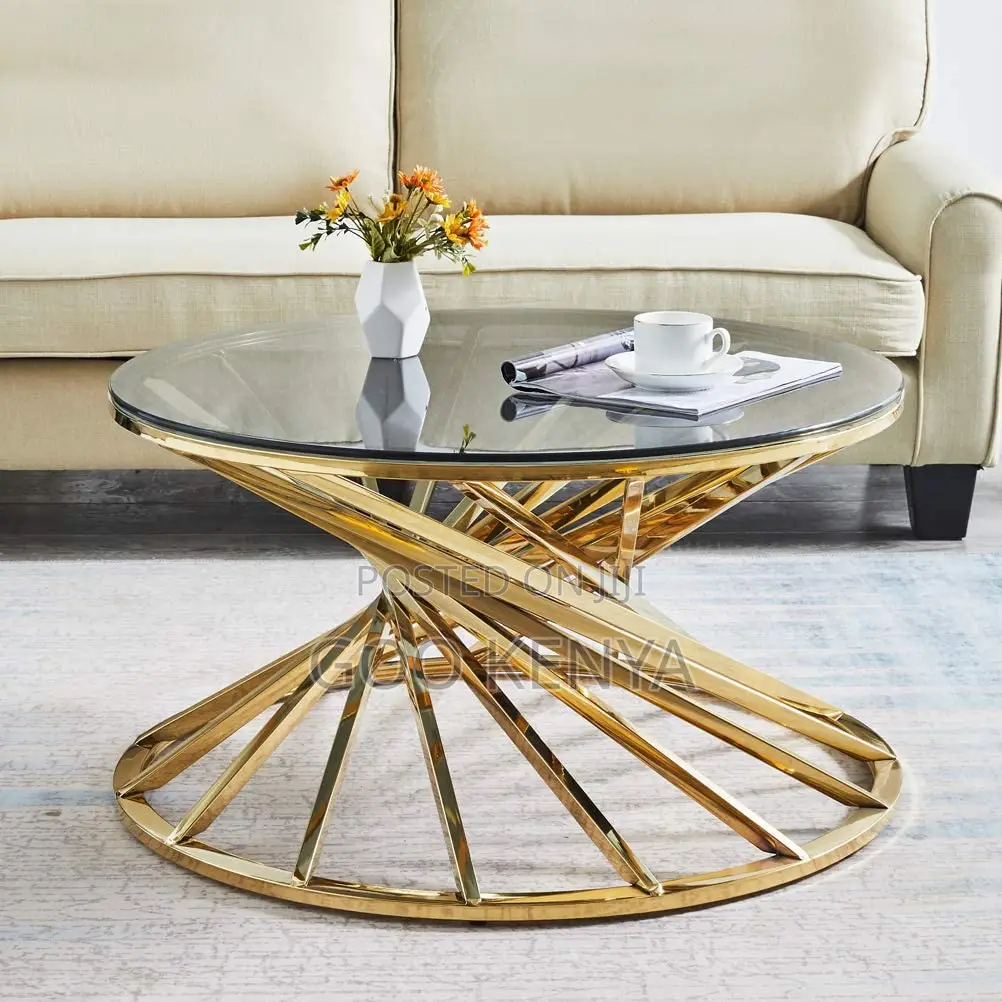 Home Coffee Table; Round Glass Coffee Table With Sturdy Metal Legs