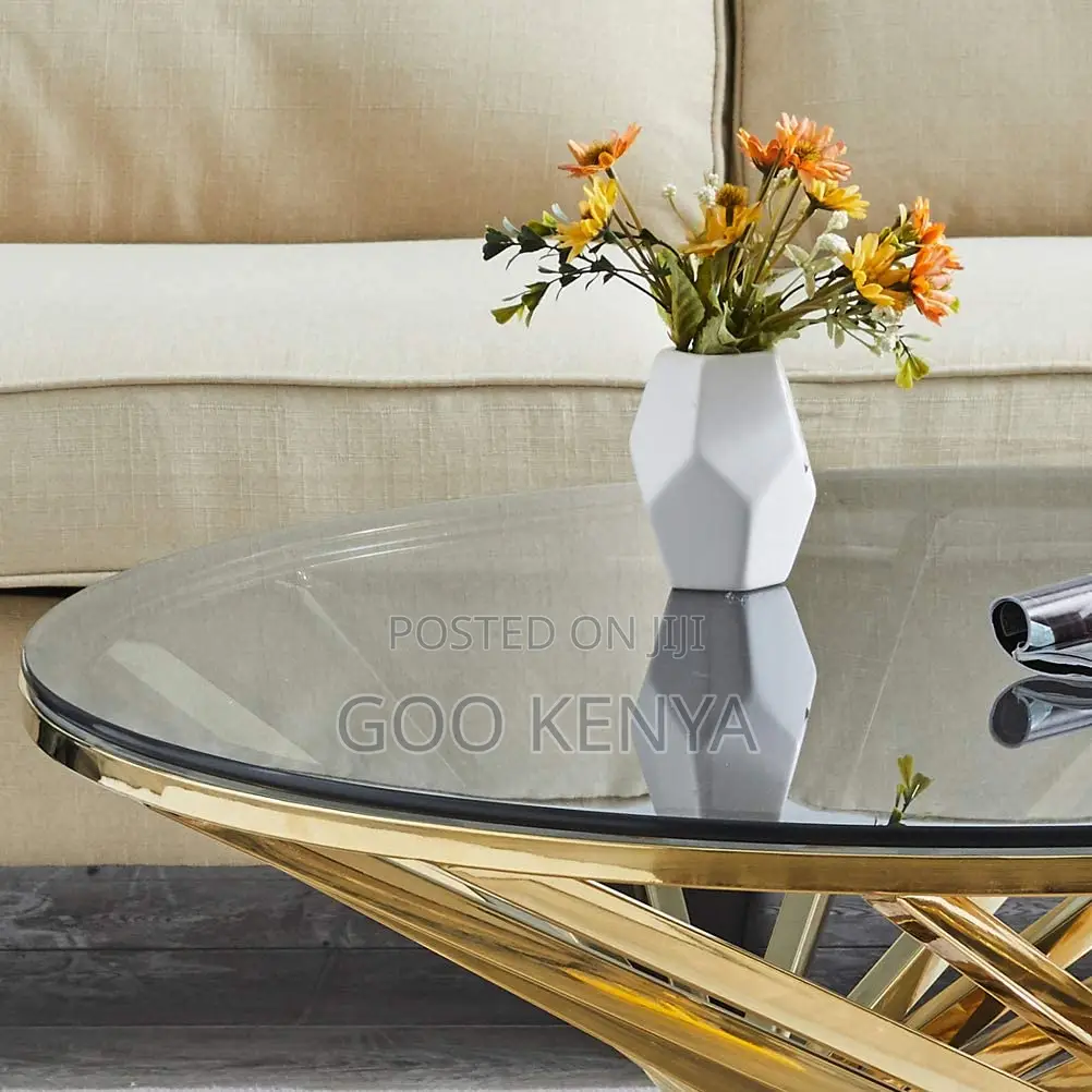 Home Coffee Table; Round Glass Coffee Table With Sturdy Metal Legs