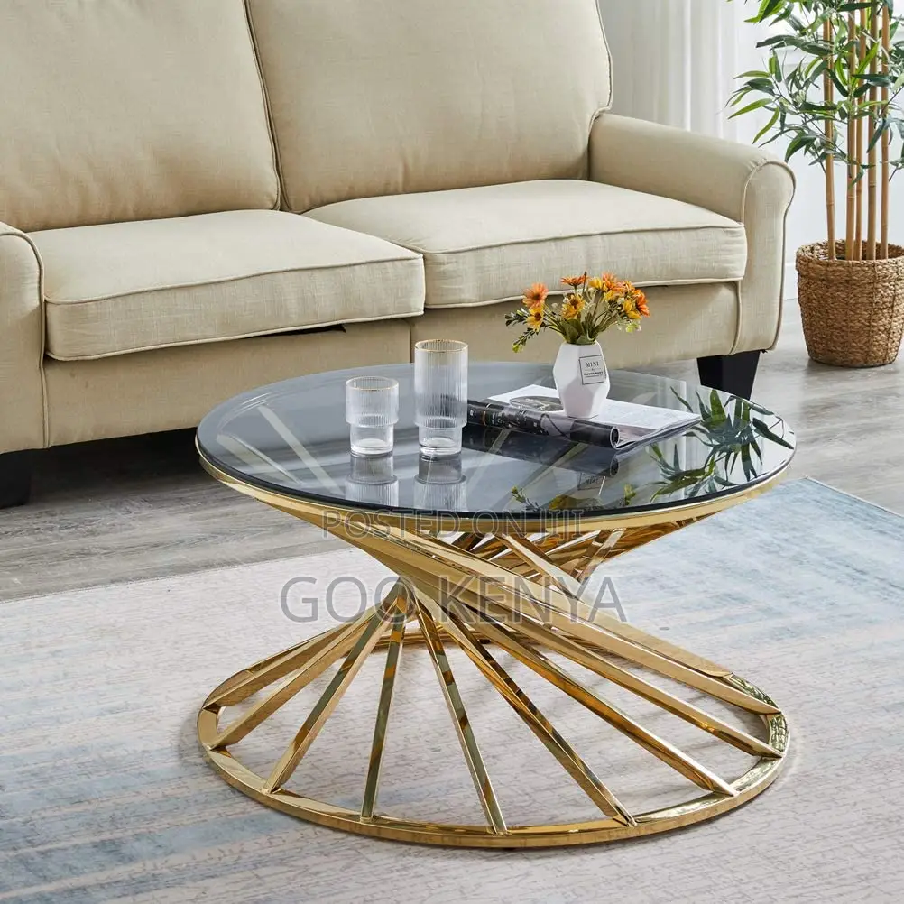 Home Coffee Table; Round Glass Coffee Table With Sturdy Metal Legs