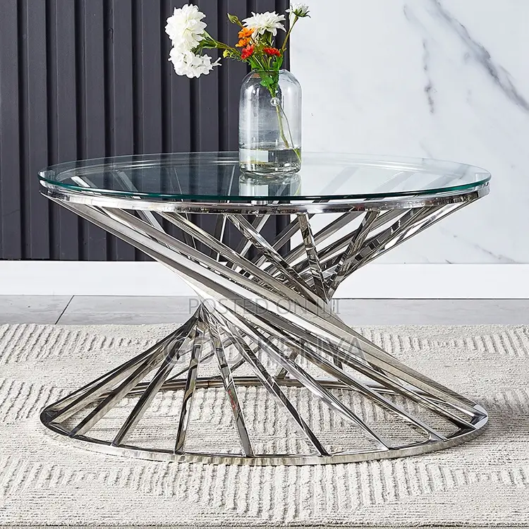 Home Coffee Table; Round Glass Coffee Table With Sturdy Metal Legs
