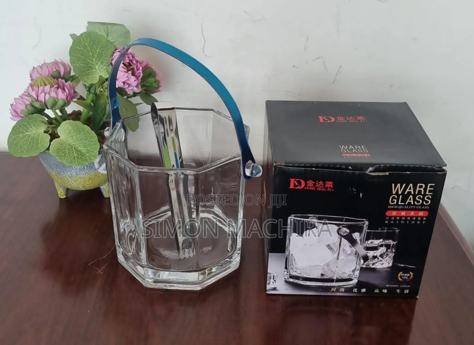 1l Glass Ice Bucket With Tongs