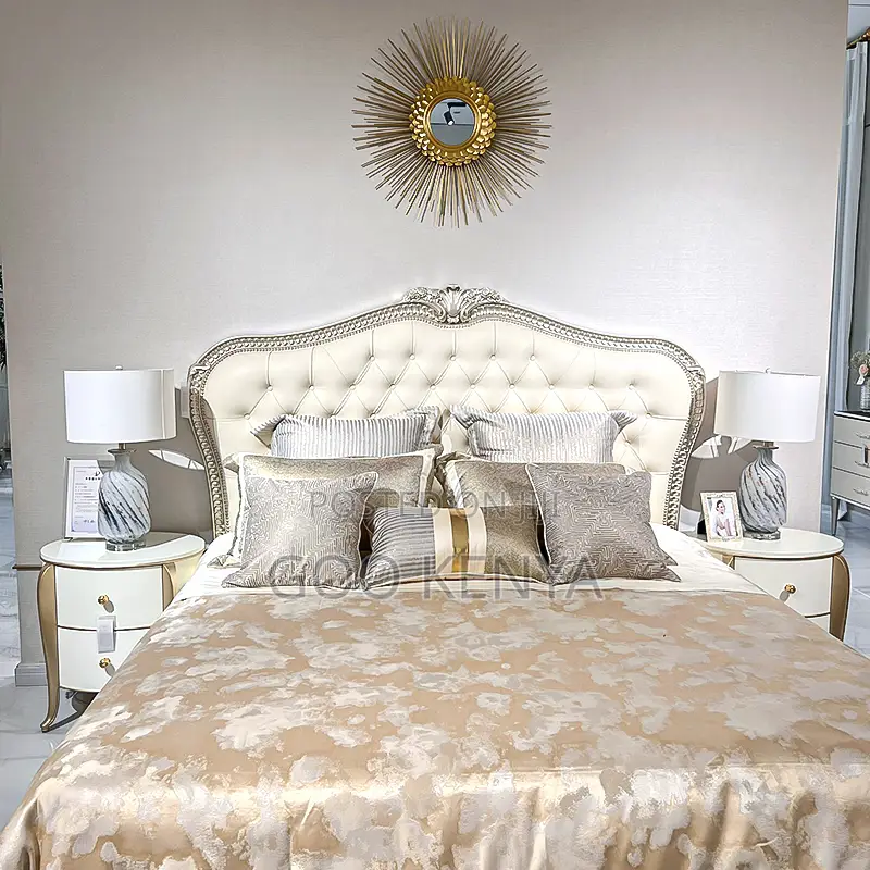 Hoke Bed; Wooden Bed With Leather Headboard and Bedside Table