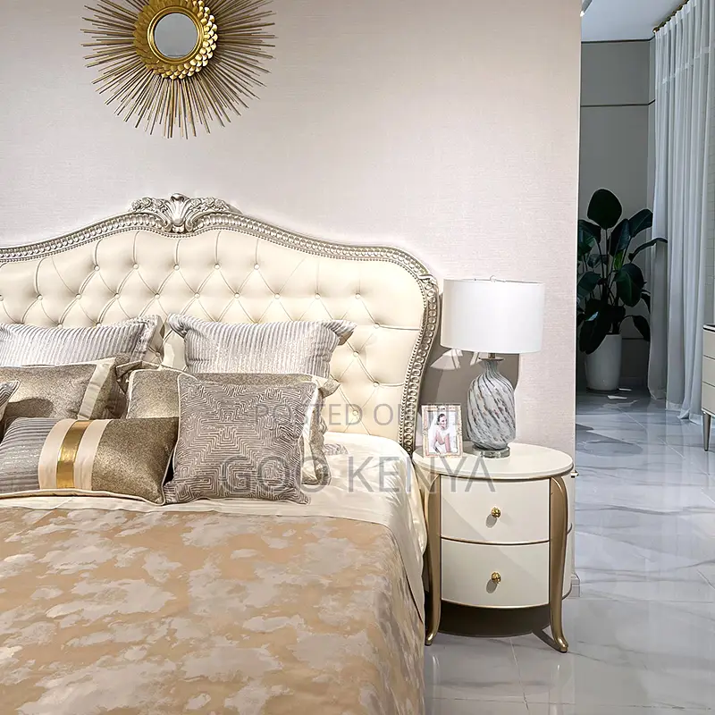 Hoke Bed; Wooden Bed With Leather Headboard and Bedside Table