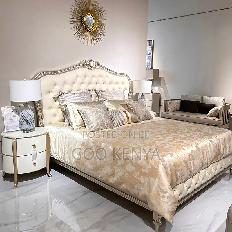 Hoke Bed; Wooden Bed With Leather Headboard and Bedside Table