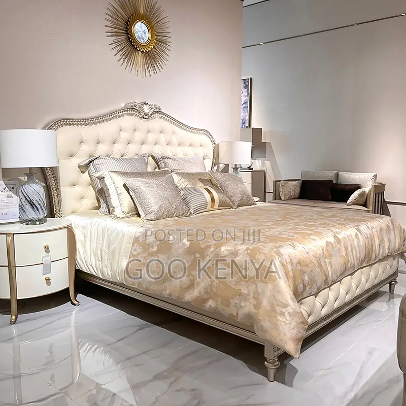 Hoke Bed; Wooden Bed With Leather Headboard and Bedside Table