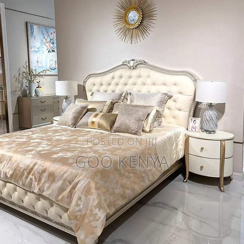Hoke Bed; Wooden Bed With Leather Headboard and Bedside Table
