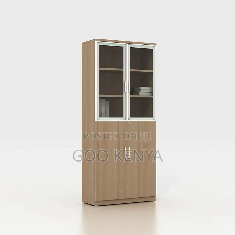 Office Cabinet; Wooden Lockable Storage Cabinet With Glass Top Doors
