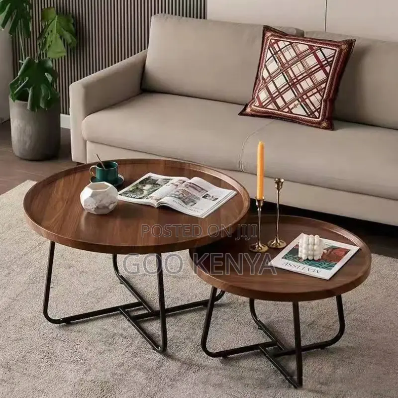 Home Coffee Table; Wood Top Round Coffee Table With Metallic Legs