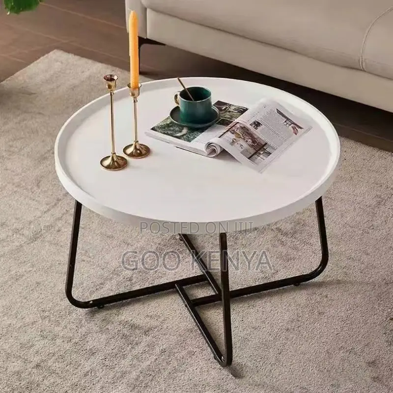 Home Coffee Table; Wood Top Round Coffee Table With Metallic Legs