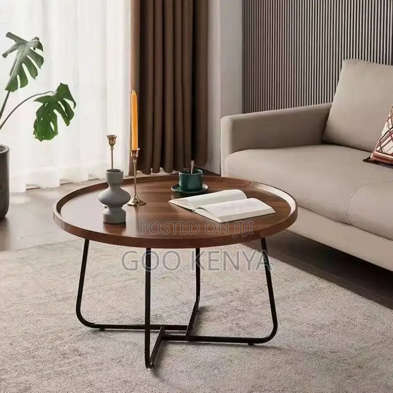 Home Coffee Table; Wood Top Round Coffee Table With Metallic Legs