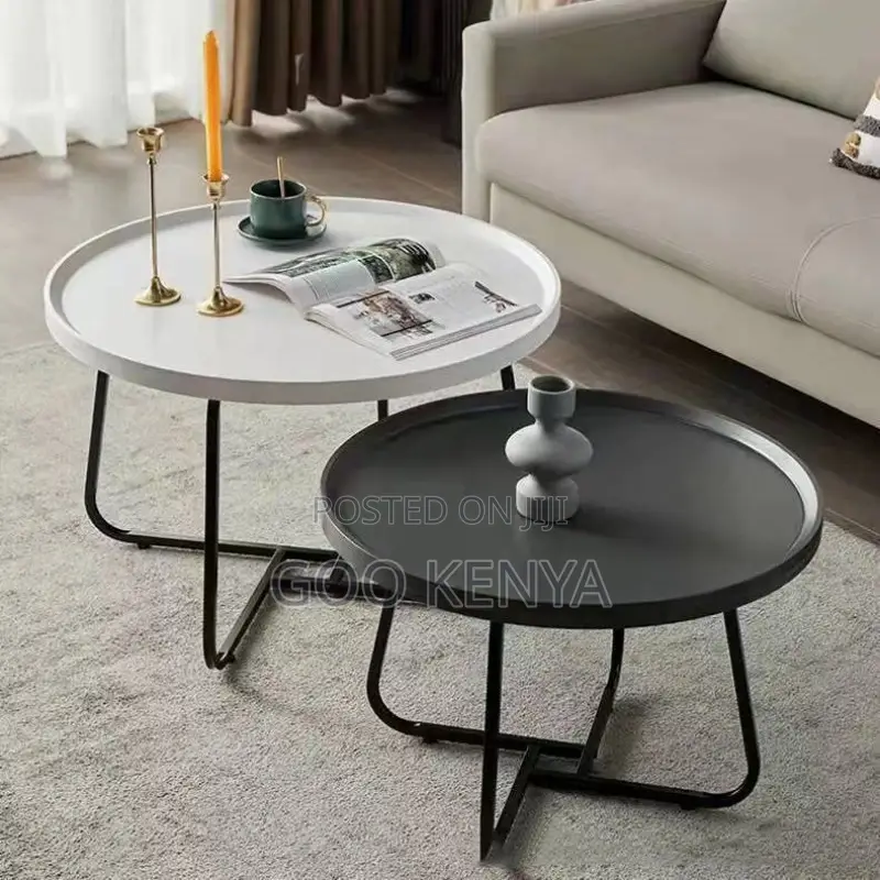 Home Coffee Table; Wood Top Round Coffee Table With Metallic Legs