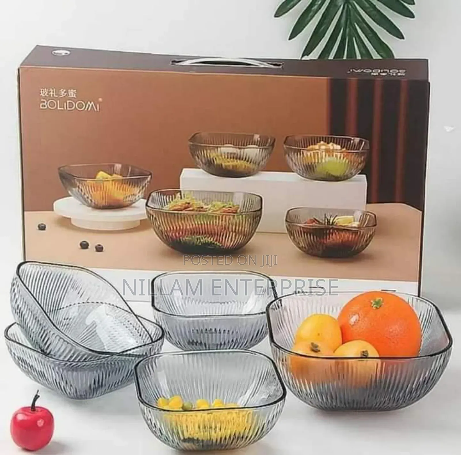 Blue-Grey Vertical Glass Salad Bowl Set