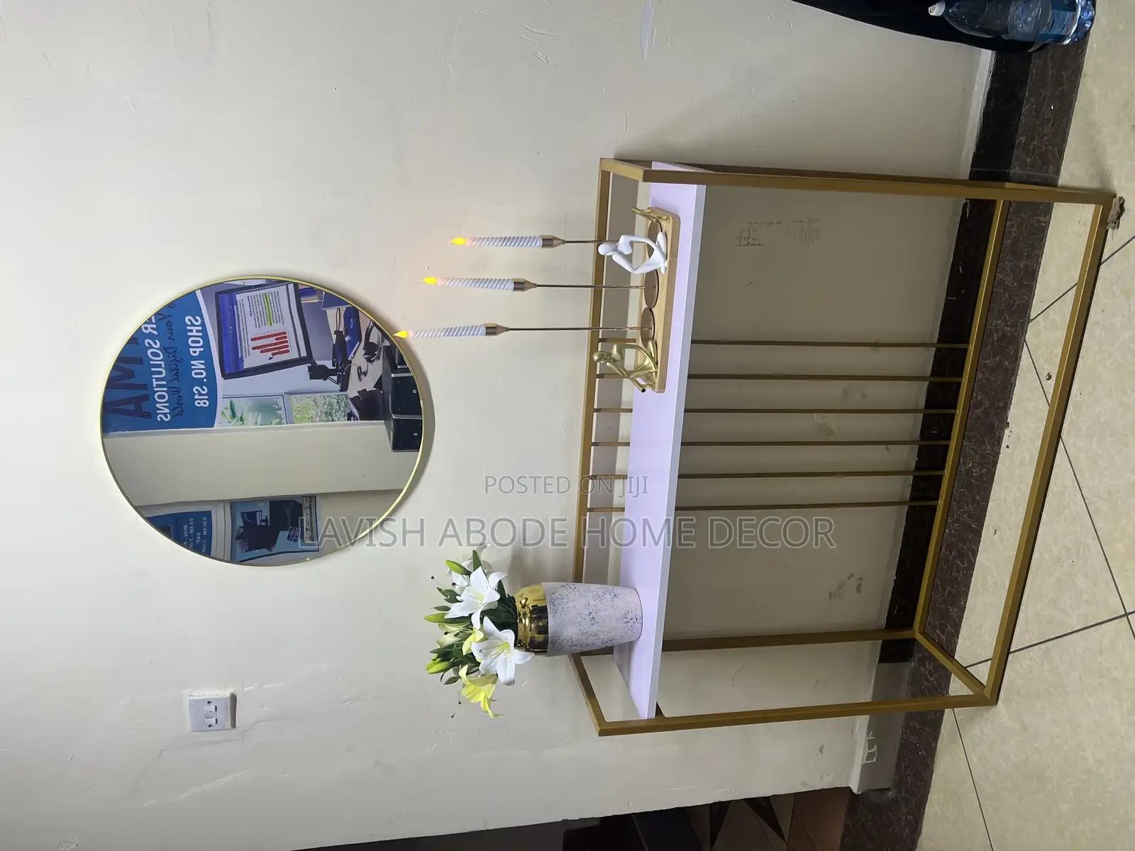 Console Table With Round Gold Mirror Decorative Entryway Hallway W