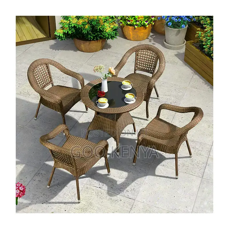 Outdoor Dining Set; 4-Seater Round Glass Dining Set With Rattan Chairs