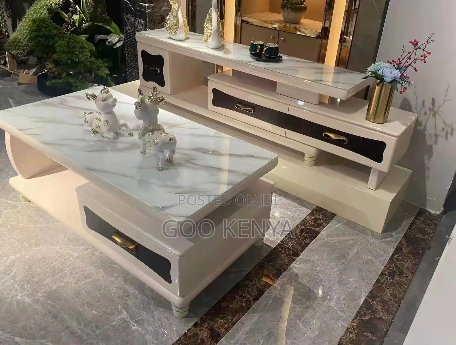 Home Tv Table Set; Modern Marble Living Room Cabinet With Coffee Table