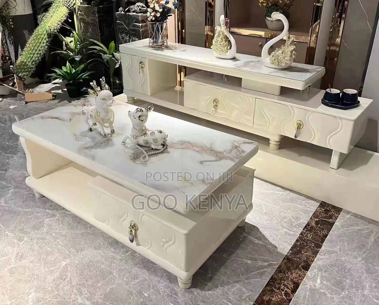 Home Tv Table Set; Modern Marble Living Room Cabinet With Coffee Table