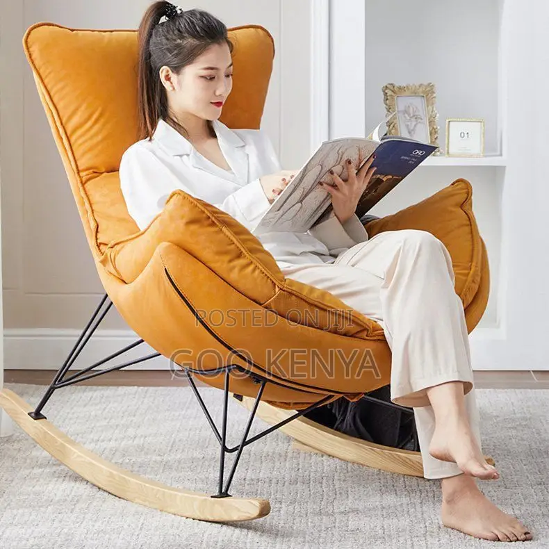Home Chair; Fabric Cushioned Home Rocking Chair With Wood Legs