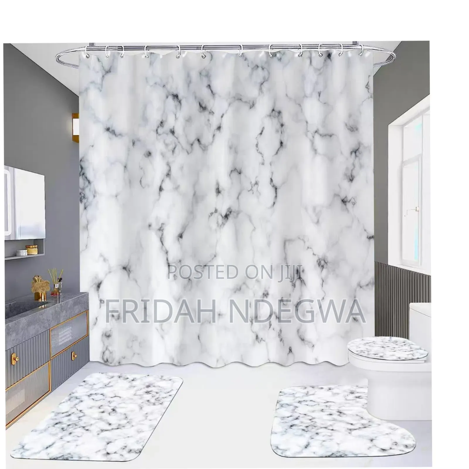 4pcs Bathroom Set – Matching Shower Curtain, Rugs, and Toilet Cove