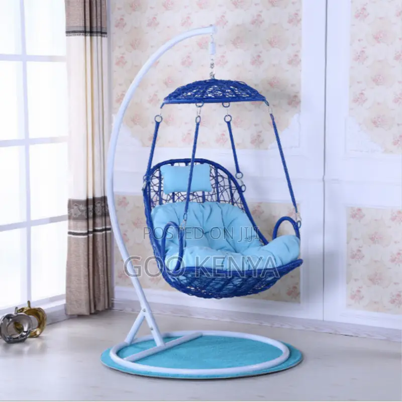 Home Chair; Blue Cushioned Hanging Balcony Chair With Steel Base