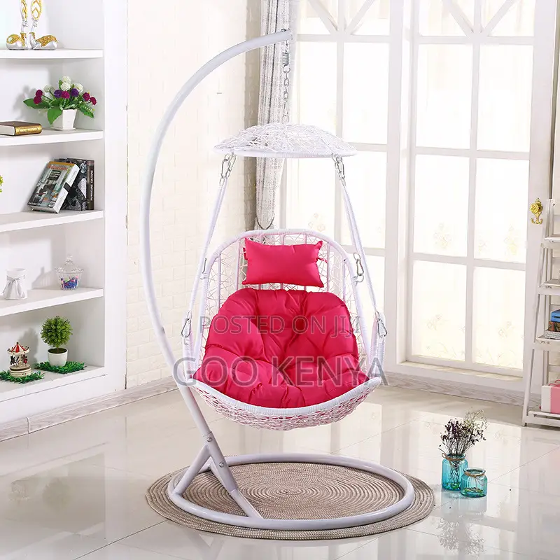 Home Chair; Blue Cushioned Hanging Balcony Chair With Steel Base