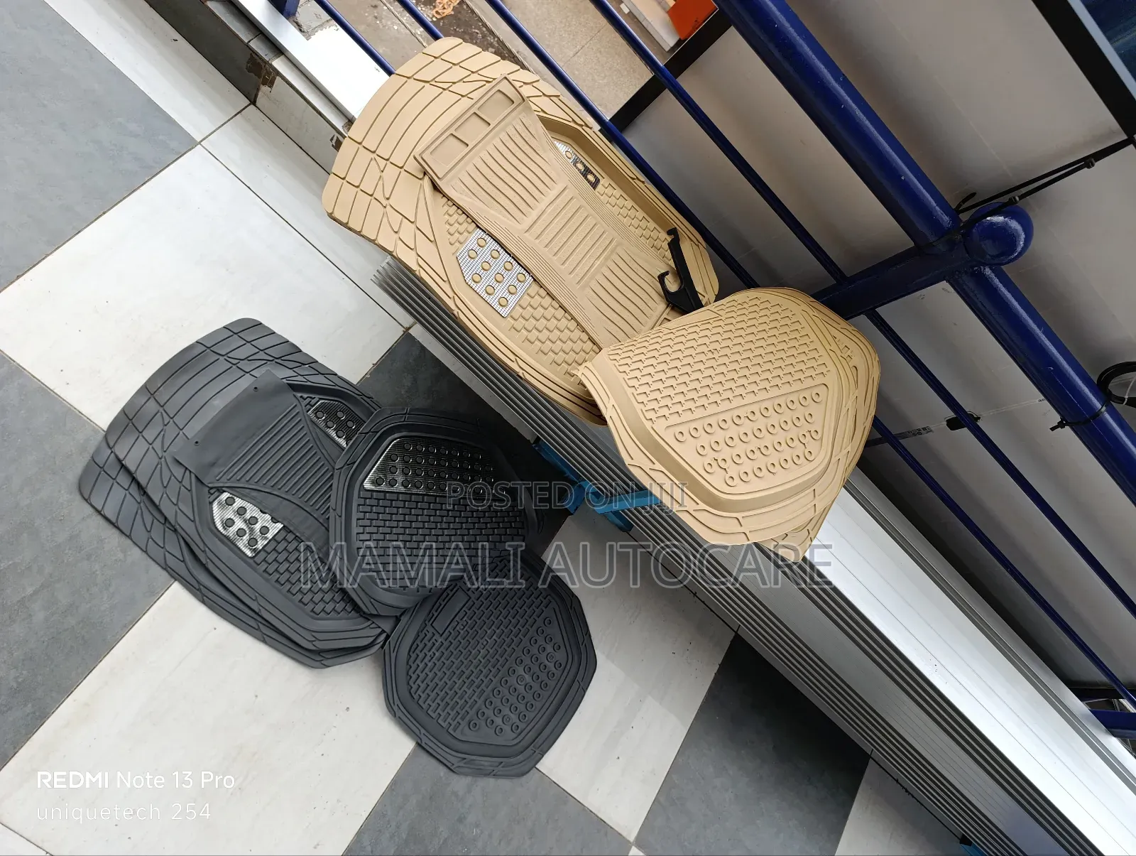 Universal Rubber Car Mats Beige and Black With Silver Patch