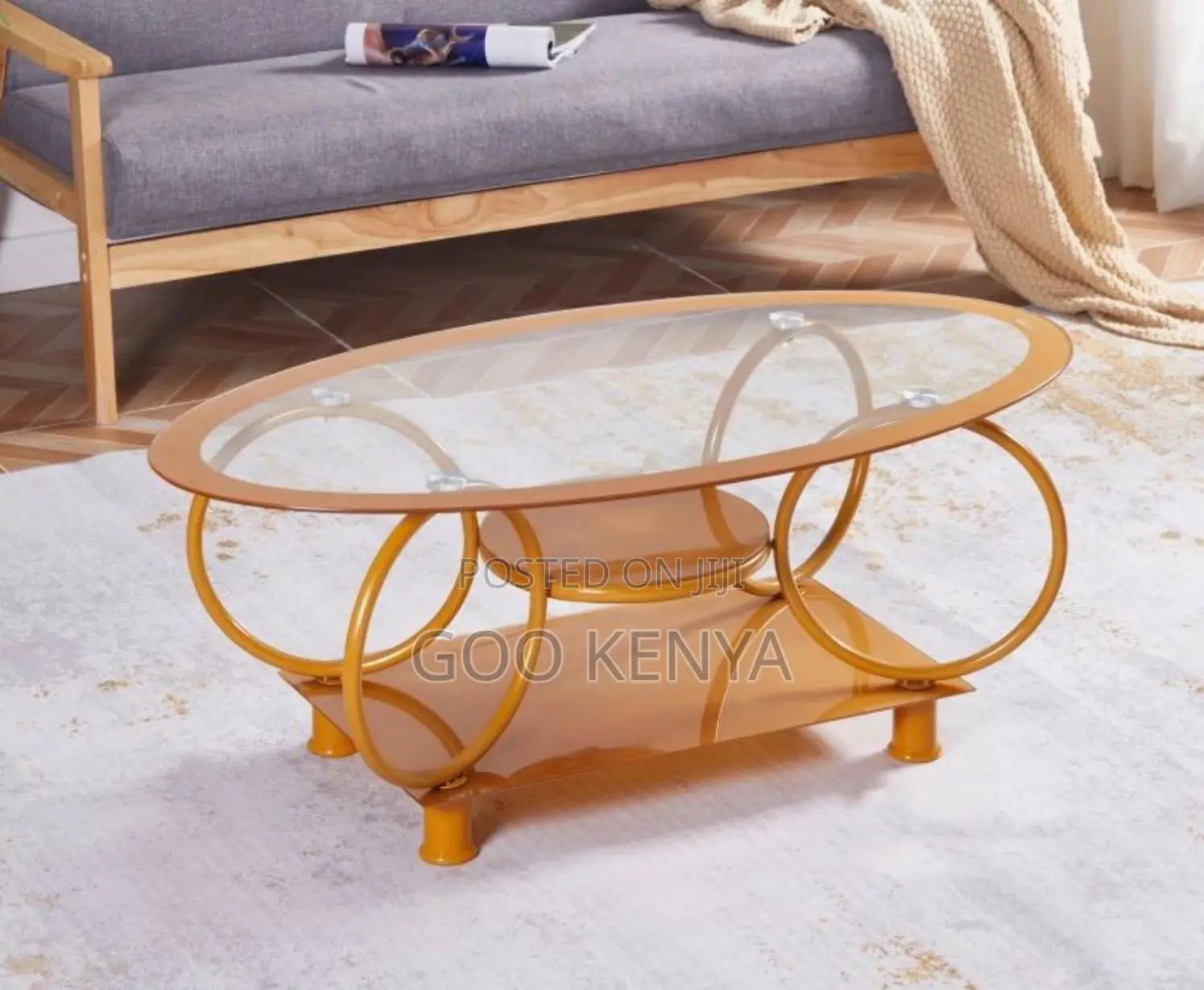 Home Coffee Table; Oval-Shaped Glass Coffee Table for Living Room