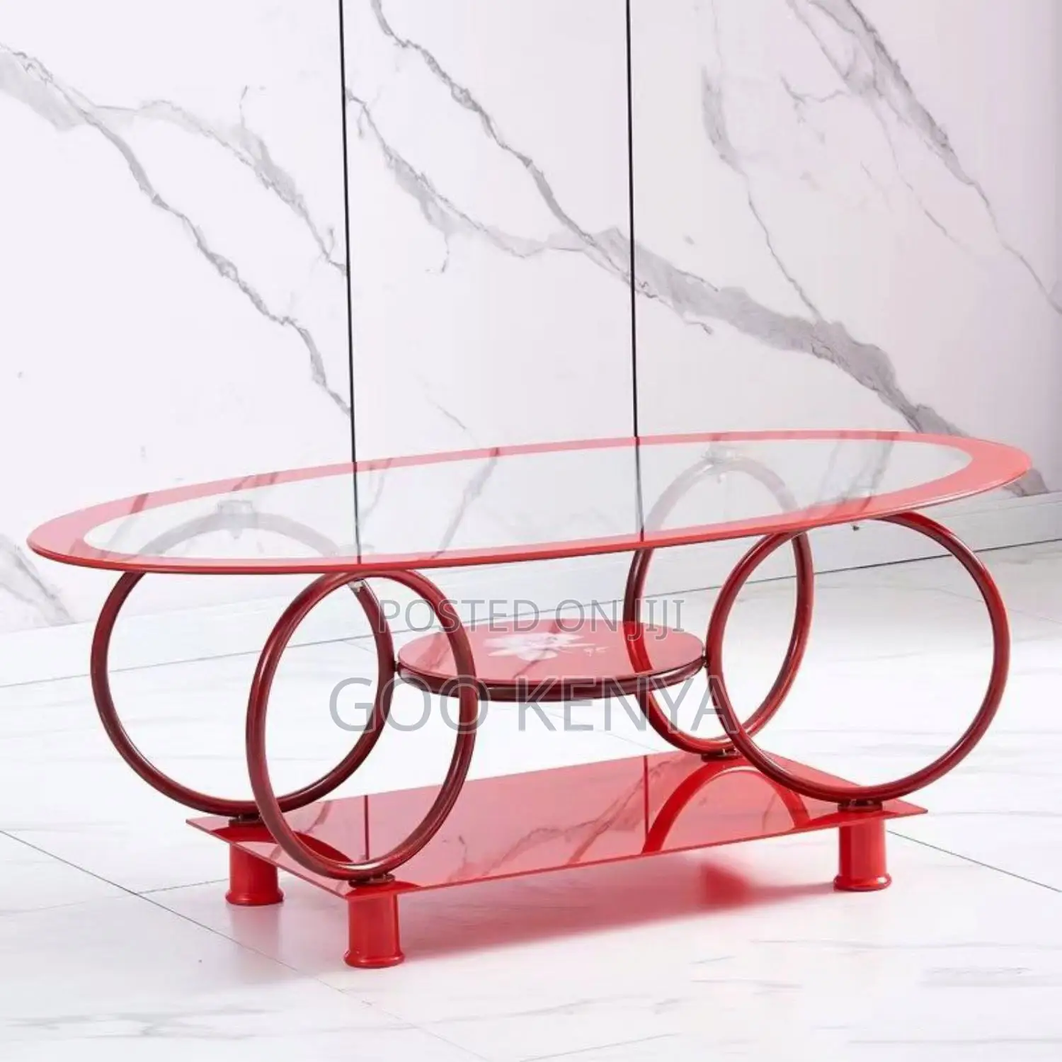 Home Coffee Table; Oval-Shaped Glass Coffee Table for Living Room
