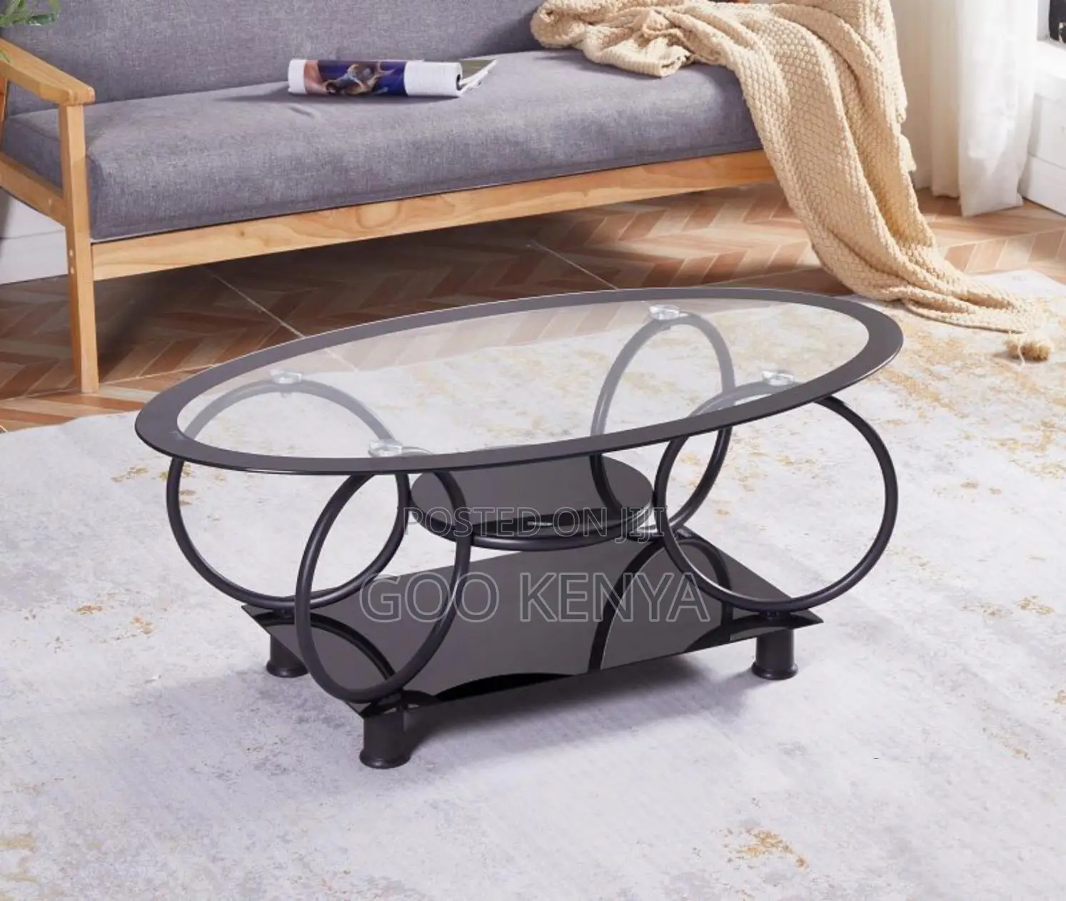 Home Coffee Table; Oval-Shaped Glass Coffee Table for Living Room