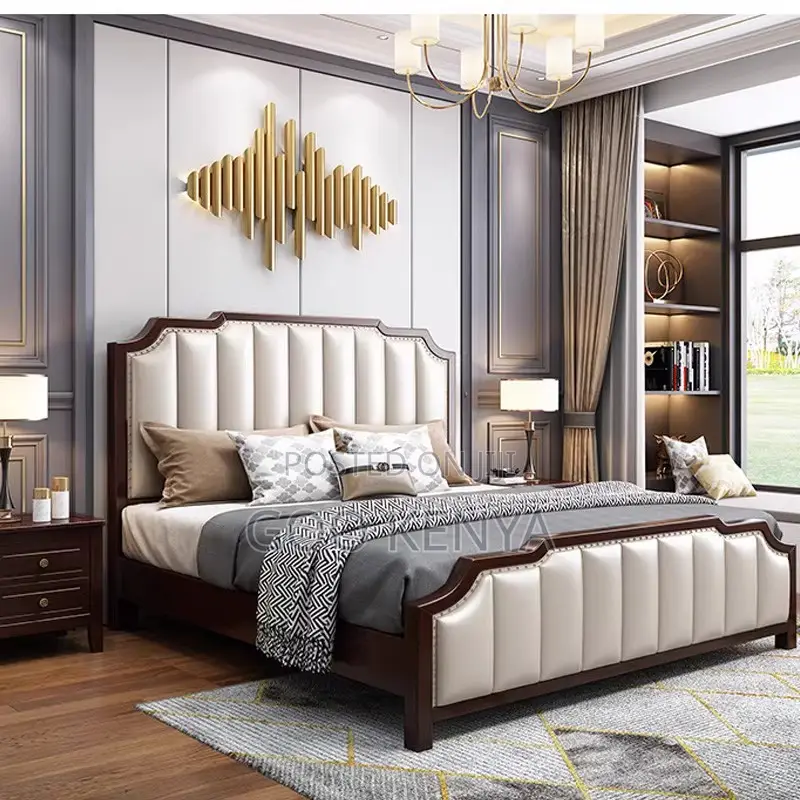 Home Bed; Wooden Master Bed With Leather Panel Design