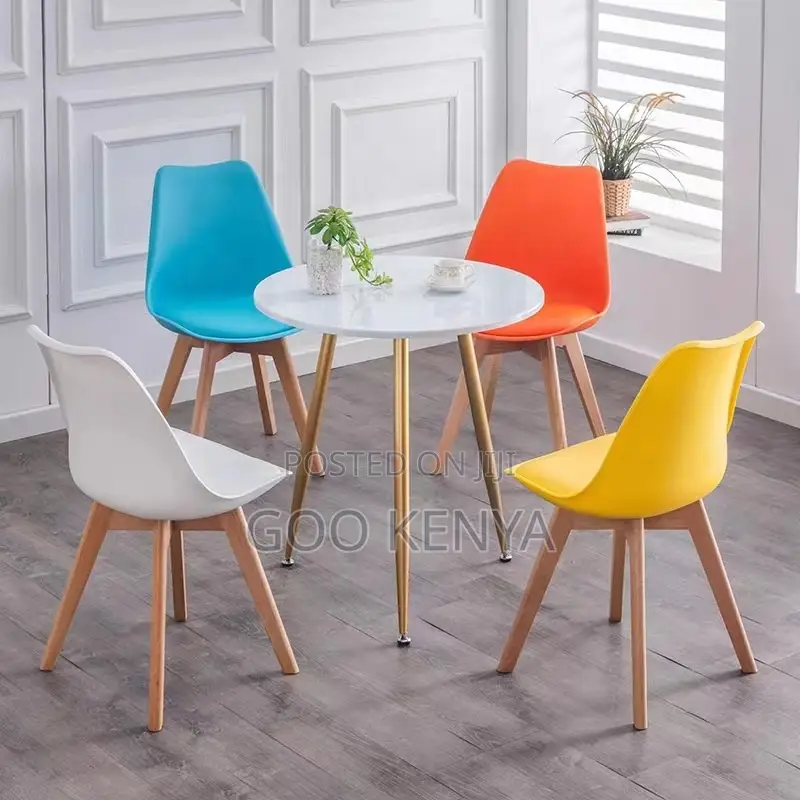 Dining Chair; Leather Padded Plastic Dining Chair With Wooden Base