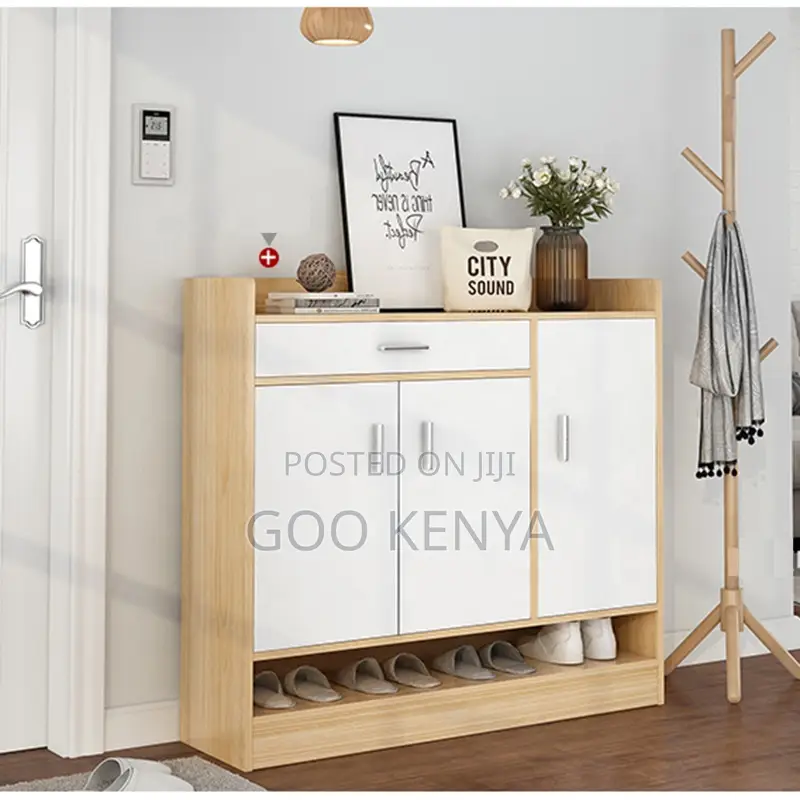 Home Cabinet; 3-Door Wooden Home Cupboard With Drawer and Shoe Rack