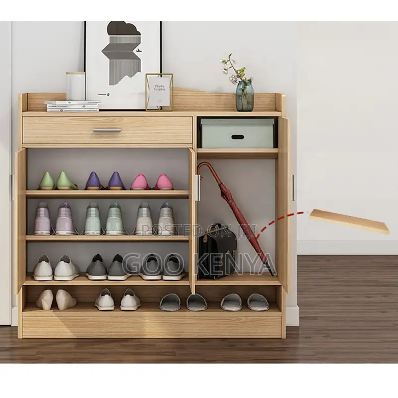 Home Cabinet; 3-Door Wooden Home Cupboard With Drawer and Shoe Rack