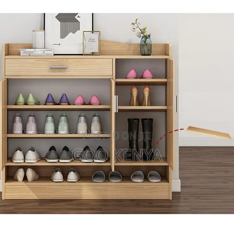 Home Cabinet; 3-Door Wooden Home Cupboard With Drawer and Shoe Rack