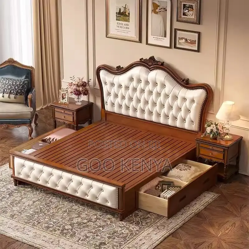 Home Bed; Mahogany King Bed With Leather Headboard and Footboard