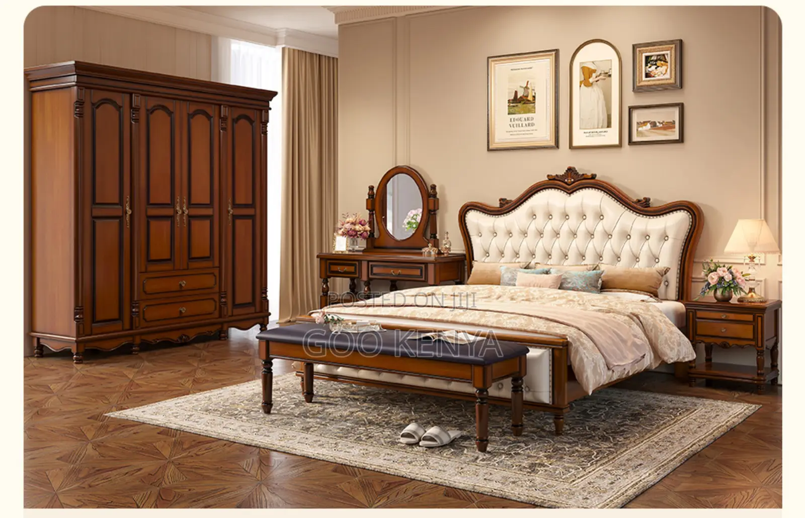 Home Bed; Mahogany King Bed With Leather Headboard and Footboard