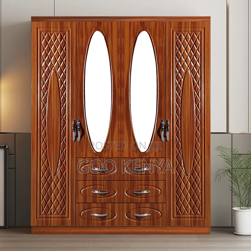 Home Wardrobe;4-Door Bedroom Wardrobe With Wooden Finish and Mirror