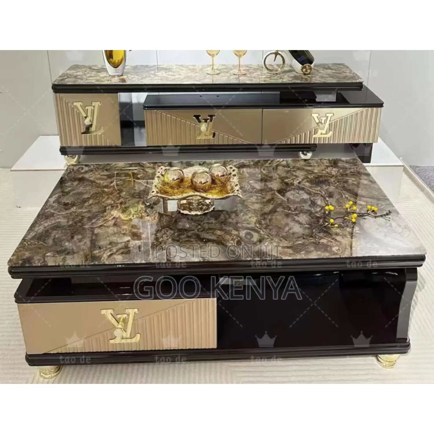 Home Set; Polished Marble Coffee Table With Tv Cabinet