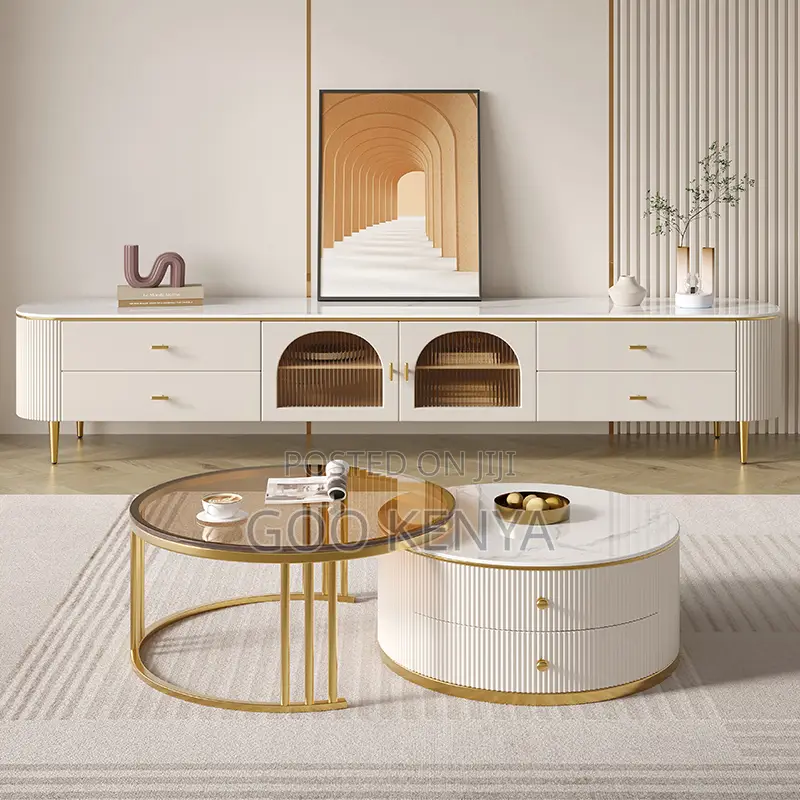 Home Table; Premium Coffee Table Duo With Marble Top and Tv Cabinet